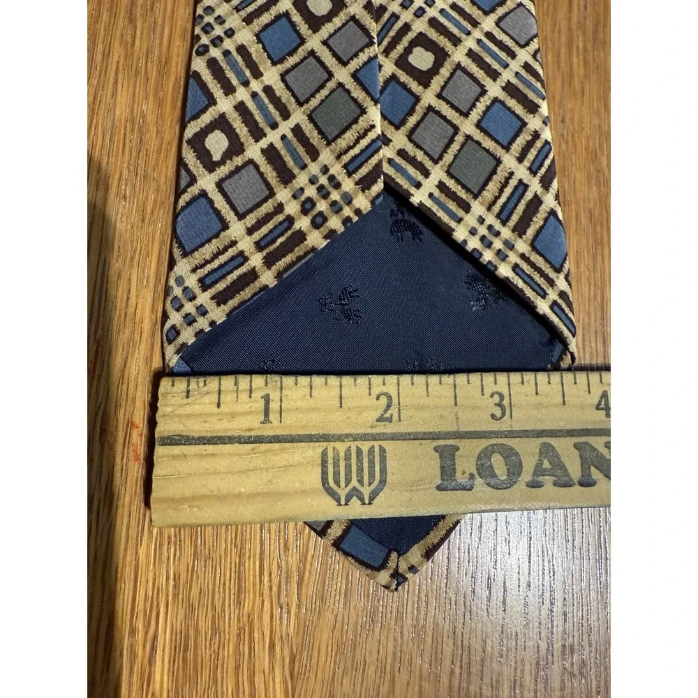 Brooks Brothers Makers Tie Silk USA Vintage Geometric Plaid Blue Tan 3.5